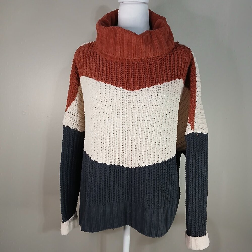 POL OVERSIZED TURTLENECK SWEATER BOLD CHEVRON STRIPES RUST CREAM NAVY WOMENS MED